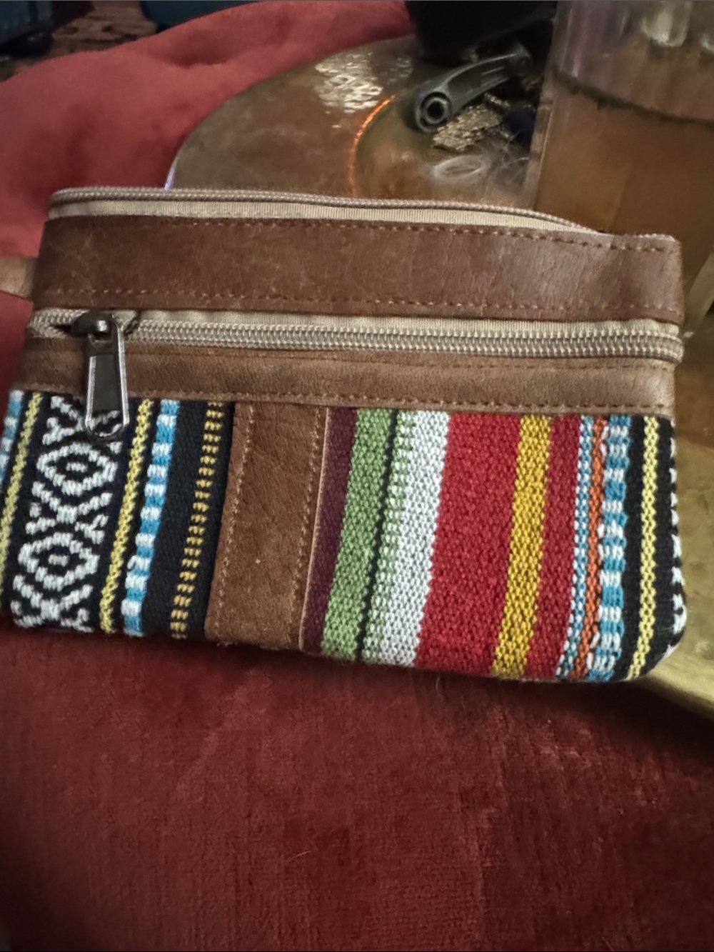Multicolor Woven Stripe Wristlet Clutch with Brown Trim